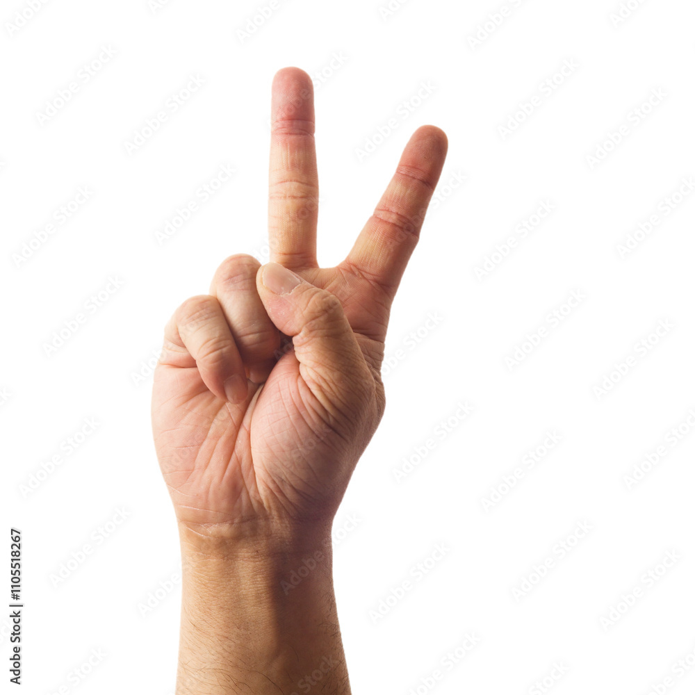 Adult male hand showing number two gesture isolated on white
