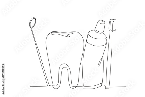 Single continuous line drawing of Teeth and dental tools, dental concept.  Dynamic single line draw design graphic vector illustration.
