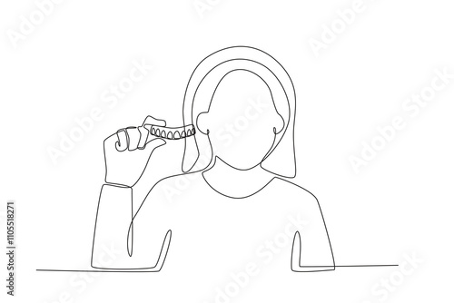 Single continuous line drawing of Woman and her false teeth, dental concept.  Dynamic single line draw design graphic vector illustration.
