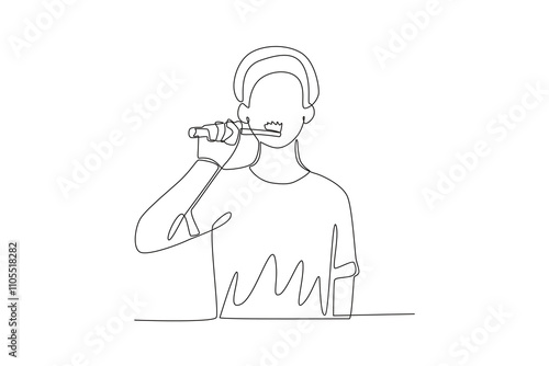 Single continuous line drawing of Man maintaining healthy teeth with toothbrush, dental concept.  Dynamic single line draw design graphic vector illustration.
