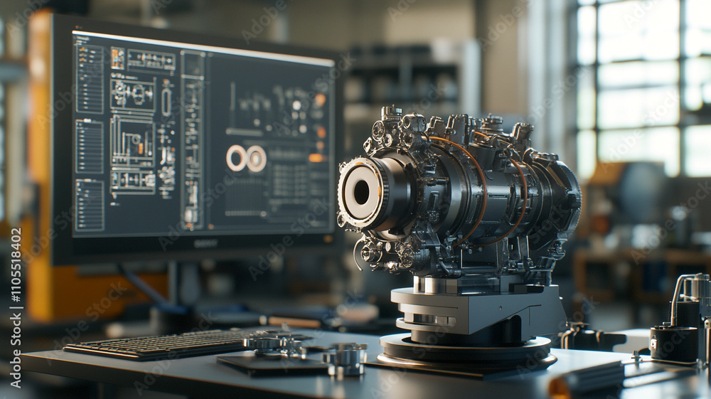 Fototapeta premium Advanced engineering workstation showcasing a turbine assembly design process