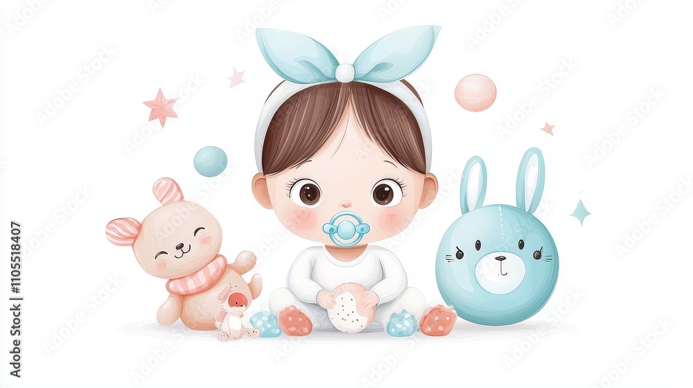 a baby girl with a pacifier and soft toys, on a white background. a baby girl with a pacifier and soft toys, on a white background.