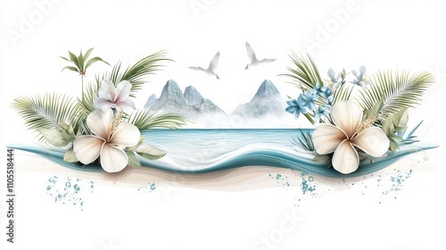 clipart of a tropical beach with the ocean in the background, isolated on a white background. photo