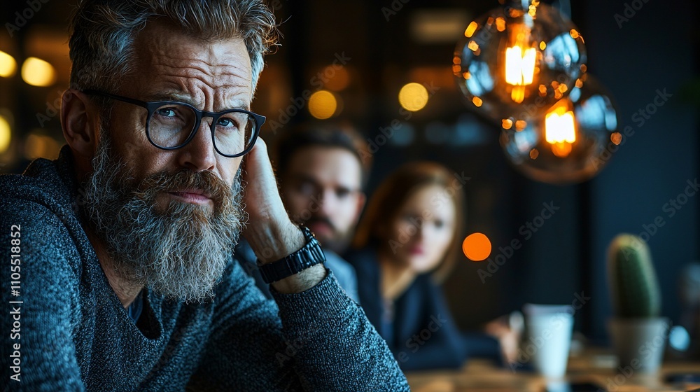 Pensive man with beard and glasses in a cafe, with blurred people in the background. Pensive man with beard and glasses in a cafe, with blurred people in the background.