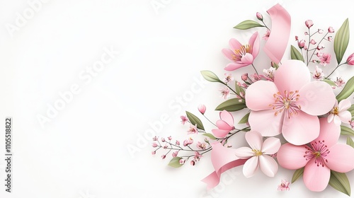 Vector clipart of a pastel pink invitation template with floral decoration and ribbon elements, isolated on a white background.