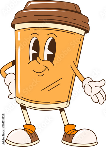 Groovy coffee cup retro cartoon character, vector funny takeaway drink. Groovy coffee or hot chocolate paper cup emoji with funny face and smile for fast food drink or funky retro cartoon character