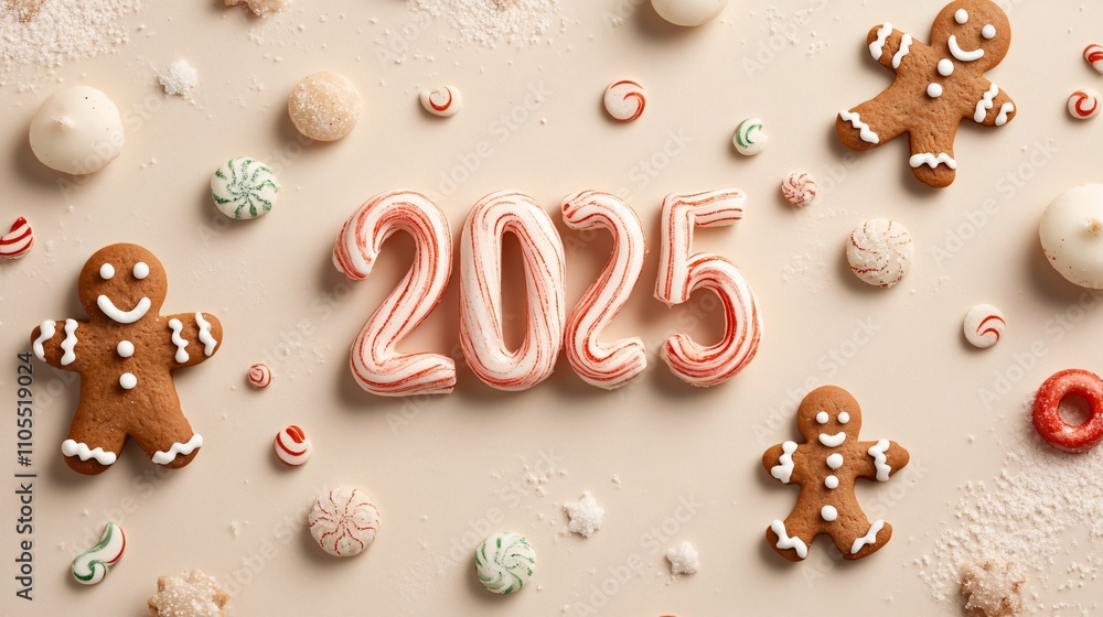 A whimsical card with ‘2025’ made of peppermint candies, surrounded by gingerbread men and icing patterns on a soft beige background A whimsical card with ‘2025’ made of peppermint candies, surrounded by gingerbread men and icing patterns on a soft beige background
