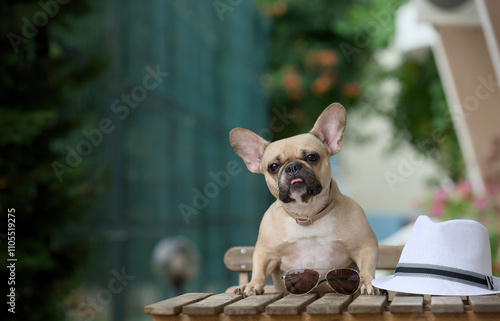 A charming bulldog dog sitting at a wooden table sticks his tongue out and looks appreciatively at the camera.  photo