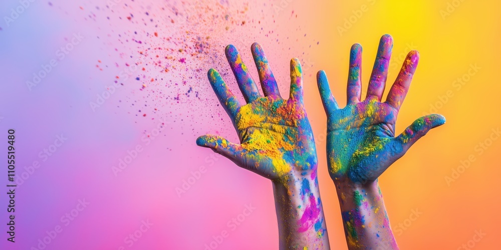 Colorful celebration of holi with vibrant powdered hands on gradient background Colorful celebration of holi with vibrant powdered hands on gradient background