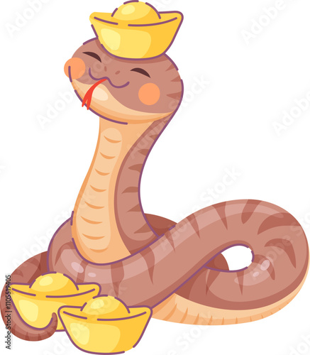 Cartoon snake character with golden ingots, symbol of the Chinese lunar year 2025. Cute reptile zodiac animal symbol with gold ingots and body is coiled in a loop representing prosperity and fortune