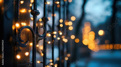 Golden string lights wrapped around a wrought iron gate, glowing softly in the winter dusk
