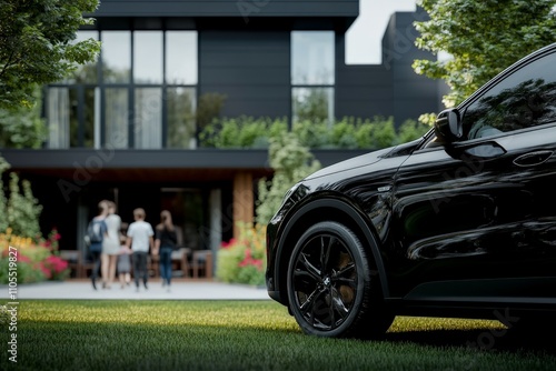 A sleek black car is parked in front of a contemporary house surrounded by a lush garden, capturing modern lifestyle elements of luxury, comfort, and style.
