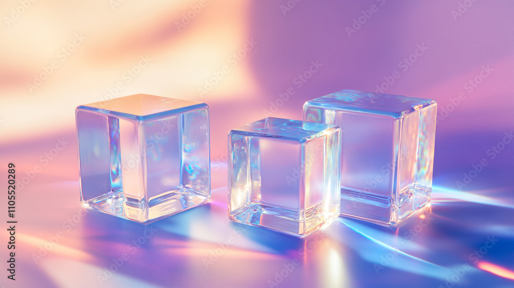 Shiny glass cubes reflecting light in a colorful background Shiny glass cubes reflecting light in a colorful background