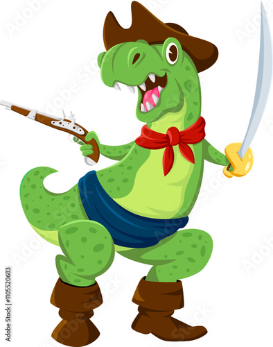 Cartoon dinosaur pirate and corsair animal character wearing captain hat, red bandana, and brown boots. Isolated vector dino rover holding a sword and a pistol with a happy and adventurous expression