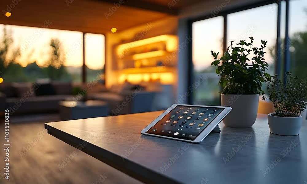 A tablet rests on a table in a modern, cozy living space. A tablet rests on a table in a modern, cozy living space.