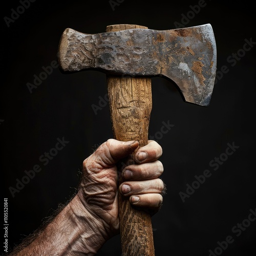 A weathered hand firmly grips a worn, rusty axe. photo