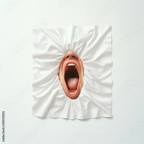 Emotional expression through art distorted face emerging from fabric creative installation contemporary art space abstract viewpoint