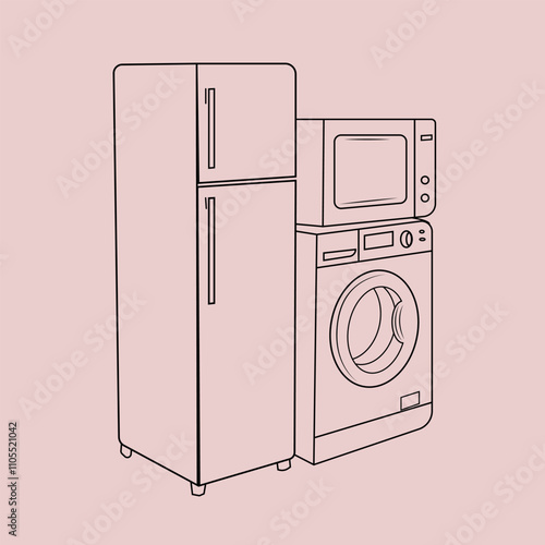 Refrigerator, Washing Machine And Microwave Line Art Vector Illustration Design