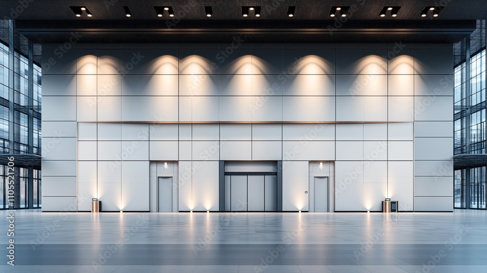 Modern office lobby with sleek geometric design featuring elevators, ambient lighting, and spacious floor with reflective surface. Modern office lobby with sleek geometric design featuring elevators, ambient lighting, and spacious floor with reflective surface.