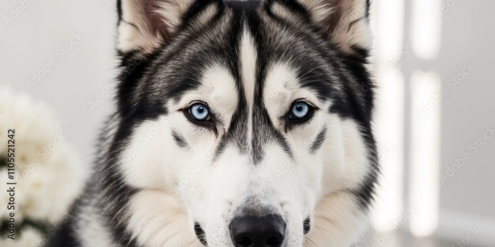Obraz premium A close up of a husky dog's face with blue eyes.