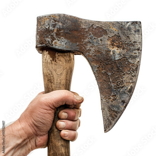 A hand gripping a rusty axe with a wooden handle. photo