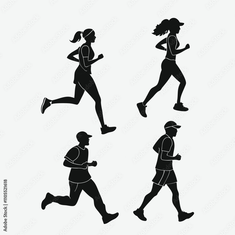Obraz premium Run. Running men and women, vector set of isolated silhouettes