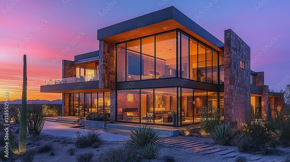 An elegant two-story home featuring large windows, modern cubic design elements, and warm interior lighting, surrounded by a minimalist desert landscape under dusk sky.
An elegant two-story home featuring large windows, modern cubic design elements, and warm interior lighting, surrounded by a minimalist desert landscape under dusk sky.