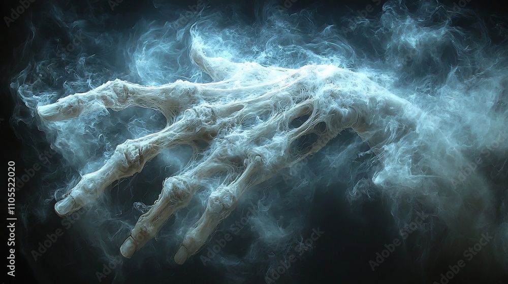 Obraz premium Skeletal Hand Reaching from Shadowy Abyss Symbolizing Death s Mystery
