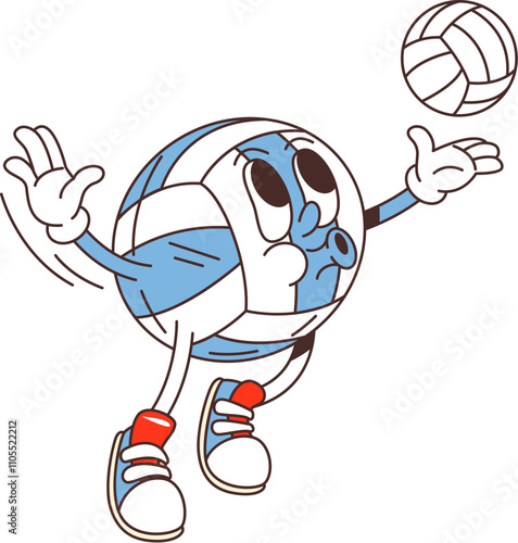 Cartoon retro groovy volleyball ball character in action pose, serving a smaller volleyball with a focused expression. Isolated vector sport personage captures the joy of game, showcasing sporty vibe