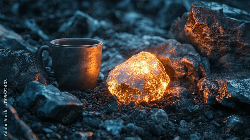 Glowing Rock Beside a Metal Mug Among Rocks