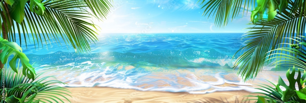 Beautiful beach scene with ocean view and palm leaves, perfect for ad space Beautiful beach scene with ocean view and palm leaves, perfect for ad space