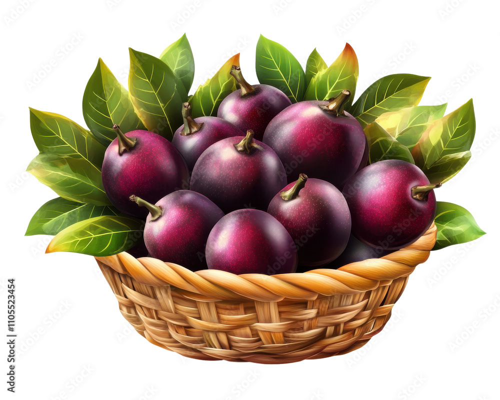 Fresh plums in a woven basket surrounded by vibrant green leaves. Fresh plums in a woven basket surrounded by vibrant green leaves.