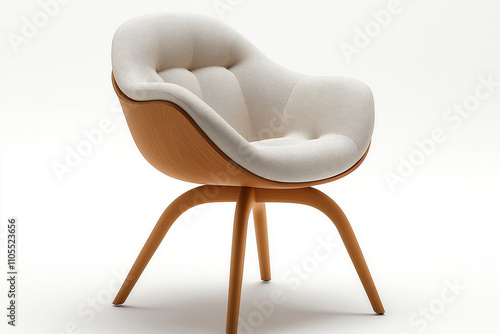 chaise moderne de style scandinave, pieds en bois clair, assise en tissu coloré et courbes minimalistes, fond blanc, décoration, objet 3D réaliste, HDR, photographie de studio, décoration, tendance photo