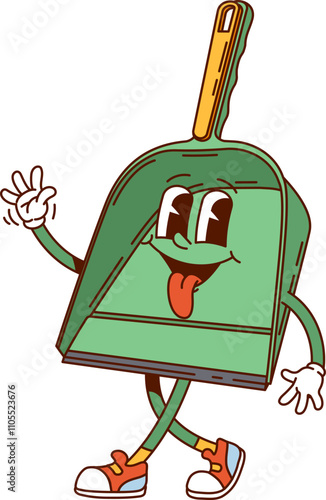 Groovy dustpan cartoon household character exudes retro vibe with expressive eyes and sticking tongue. Isolated vector everyday cleaning tool quirky personage wearing sneakers and waving its hand