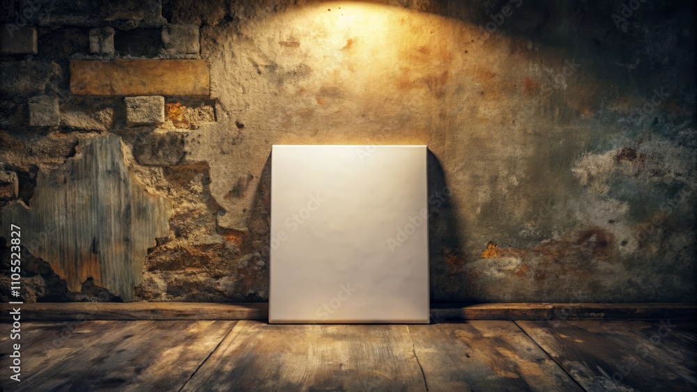 Blank Artist Canvas on Rustic Grunge Wall: Low Light Photography Mockup for Creative Projects and Home Decor Inspiration Blank Artist Canvas on Rustic Grunge Wall: Low Light Photography Mockup for Creative Projects and Home Decor Inspiration