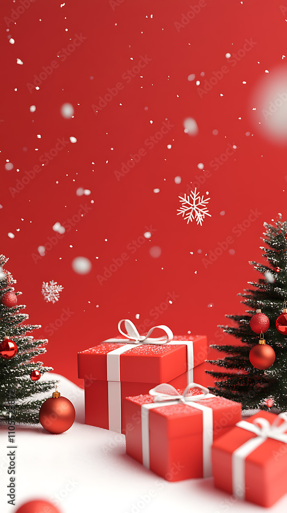 Christmas background with red gift boxes and christmas tree. 3D illustration. Christmas background with red gift boxes and christmas tree. 3D illustration.