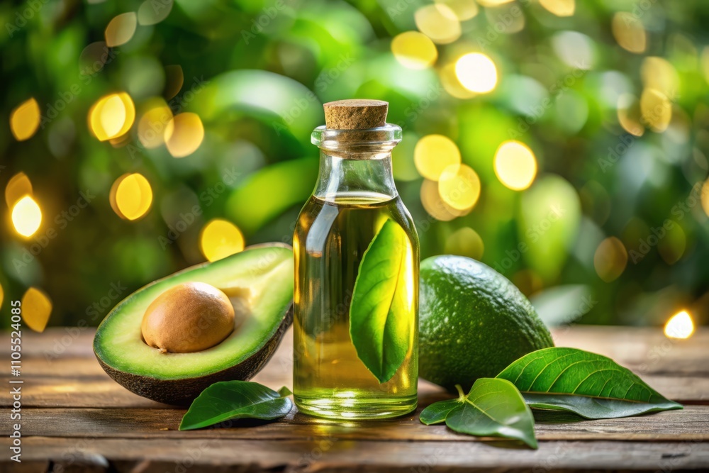 Bokeh Effect on a Bottle of Avocado Oil Surrounded by Fresh Avocados and Greenery, Perfect for Healthy Cooking and Skin Care Photography Bokeh Effect on a Bottle of Avocado Oil Surrounded by Fresh Avocados and Greenery, Perfect for Healthy Cooking and Skin Care Photography