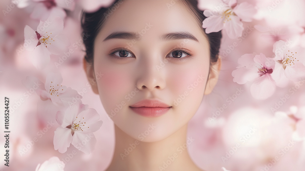桜に囲まれた日本人女性のポートレート