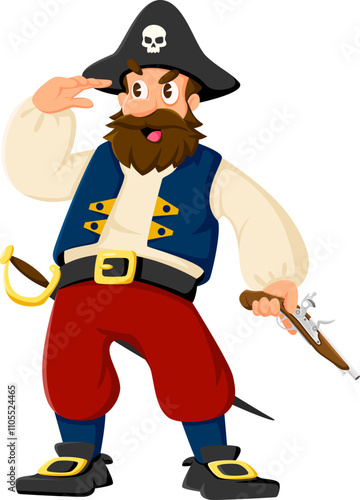 Cartoon pirate, privateer sailor cheerful character. Corsair sailor captain funny character isolated vector personage, filibuster crew skipper or Caribbean pirate cute character looking in distance