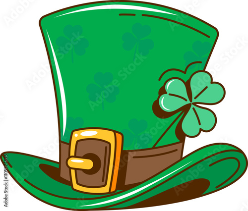 Cartoon retro Saint Patrick day top hat of leprechaun for Irish holiday, vector symbol. Irish St Patrick day green cylinder hat with shamrock clover and golden buckle Ireland national holiday festival
