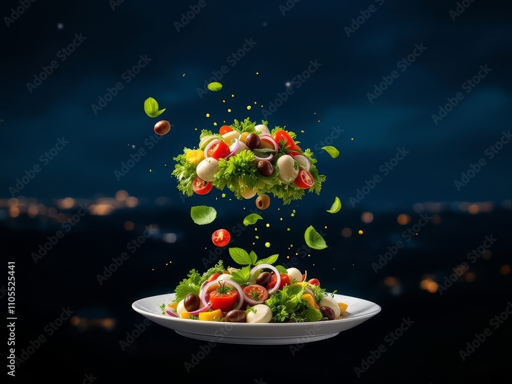 Floating salad, gourmet night flight photography. Floating salad, gourmet night flight photography.