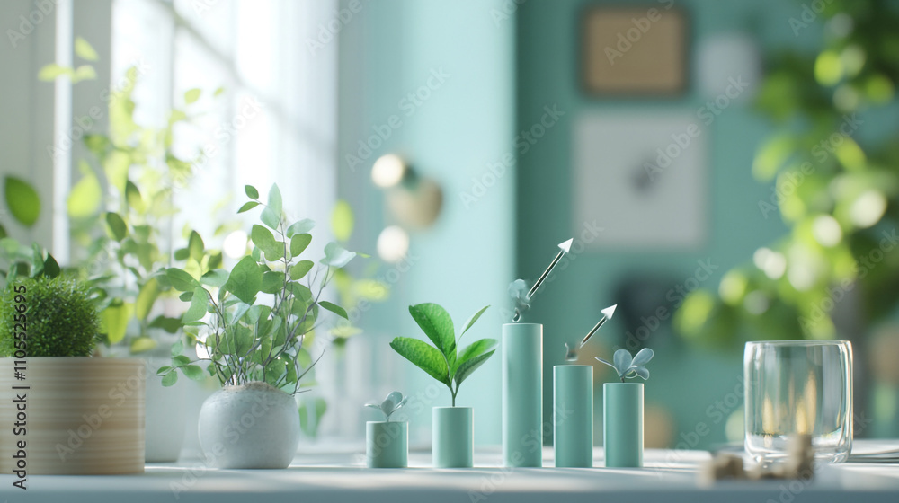 Modern indoor plants arranged on a table showcase growth in a bright and airy room Modern indoor plants arranged on a table showcase growth in a bright and airy room