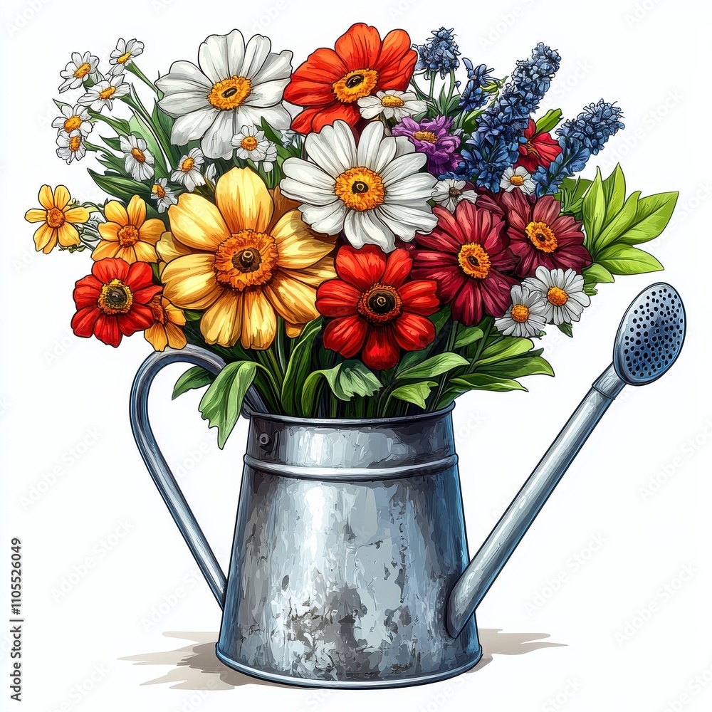 Vector-style illustration featuring a watering can brimming with vibrant tulips, daffodils, and daisies against a clean white background Vector-style illustration featuring a watering can brimming with vibrant tulips, daffodils, and daisies against a clean white background