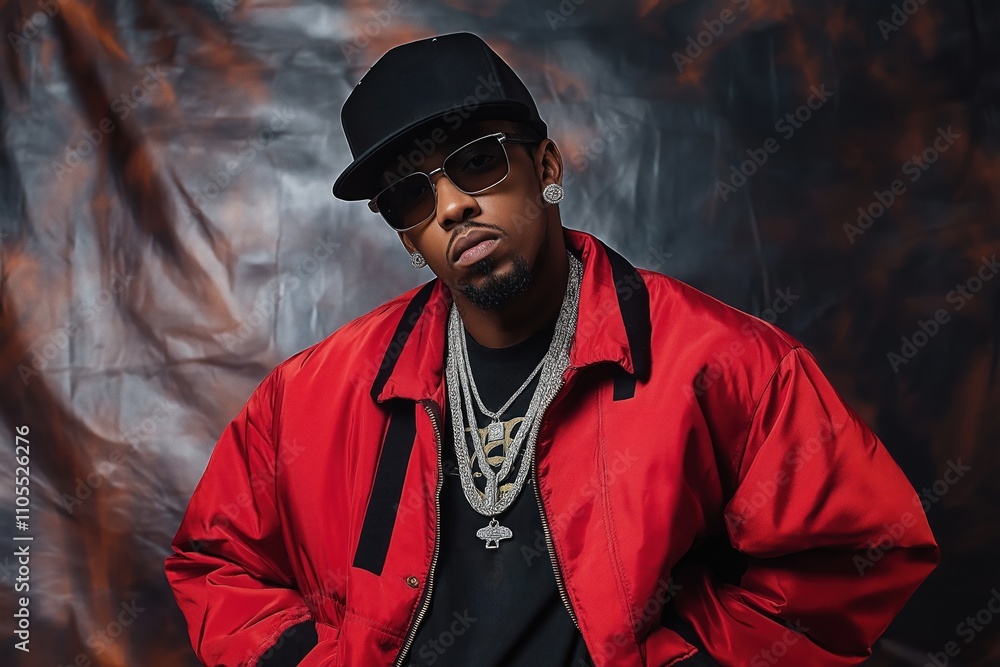 Man wears red jacket and black cap. He has expensive jewelry and sunglasses. He looks cool and confident. Photo studio setting. Stylish urban fashion. Hip hop fashion. Man wears red jacket and black cap. He has expensive jewelry and sunglasses. He looks cool and confident. Photo studio setting. Stylish urban fashion. Hip hop fashion.