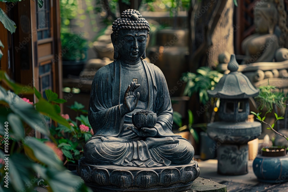 A serene Buddha statue sits peacefully in a lush garden, surrounded by vibrant greenery and decorative stones. The atmosphere evokes tranquility and contemplation at midday A serene Buddha statue sits peacefully in a lush garden, surrounded by vibrant greenery and decorative stones. The atmosphere evokes tranquility and contemplation at midday