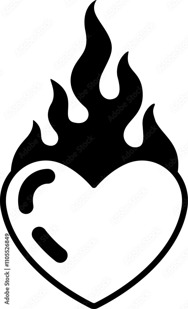 Y2k tattoo of flaming heart, symbol of passion, intensity or devotion. Isolated vector bold black and white line art emphasizes themes of love, desire or burning emotions in emo or gothic teen culture Y2k tattoo of flaming heart, symbol of passion, intensity or devotion. Isolated vector bold black and white line art emphasizes themes of love, desire or burning emotions in emo or gothic teen culture
