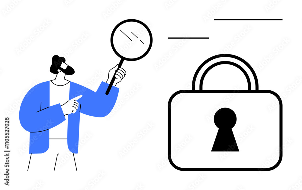 Man holding magnifying glass examining a large padlock, symbolizing security analysis. Blue jacket and black outlines. Ideal for cybersecurity, privacy, investigation, research, forensic analysis Man holding magnifying glass examining a large padlock, symbolizing security analysis. Blue jacket and black outlines. Ideal for cybersecurity, privacy, investigation, research, forensic analysis