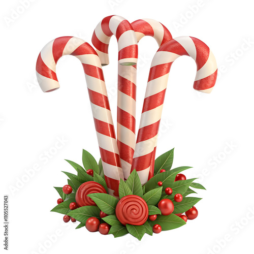 A bright red and white candy cane with detailed stripes