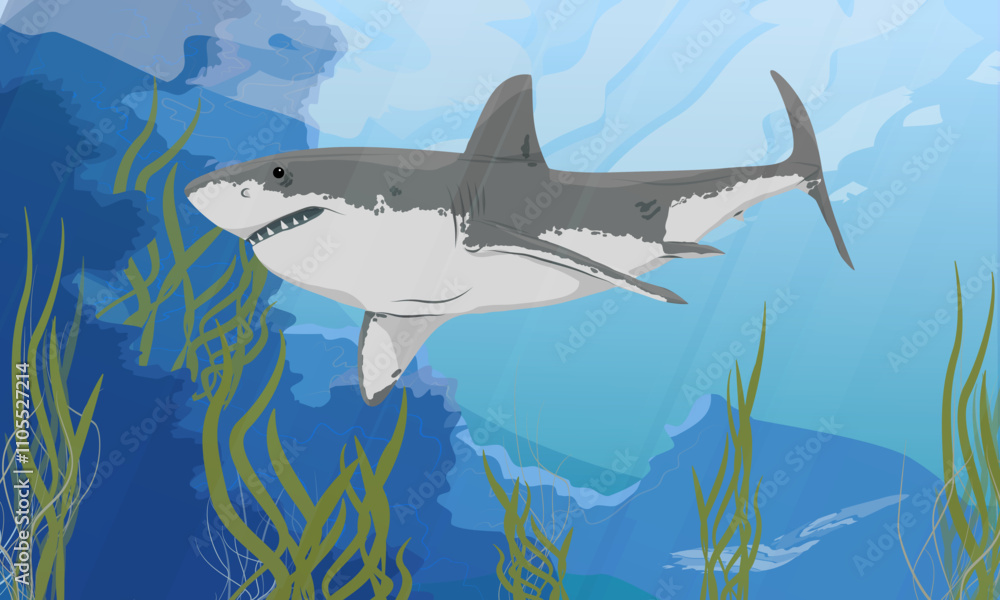 Obraz premium Great white shark swims over long seaweed. Realistic vector landscape
