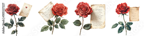 A series of red roses accompanied by vintage letters, showcasing their beauty and nostalgia. photo